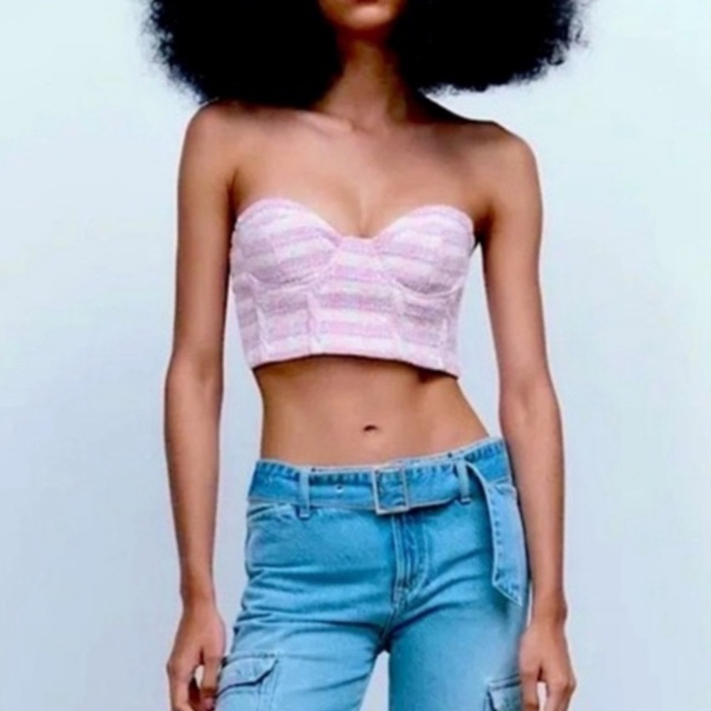 Zara Tweed Bustier Top Women’s Sz Medium Pastel Plaid